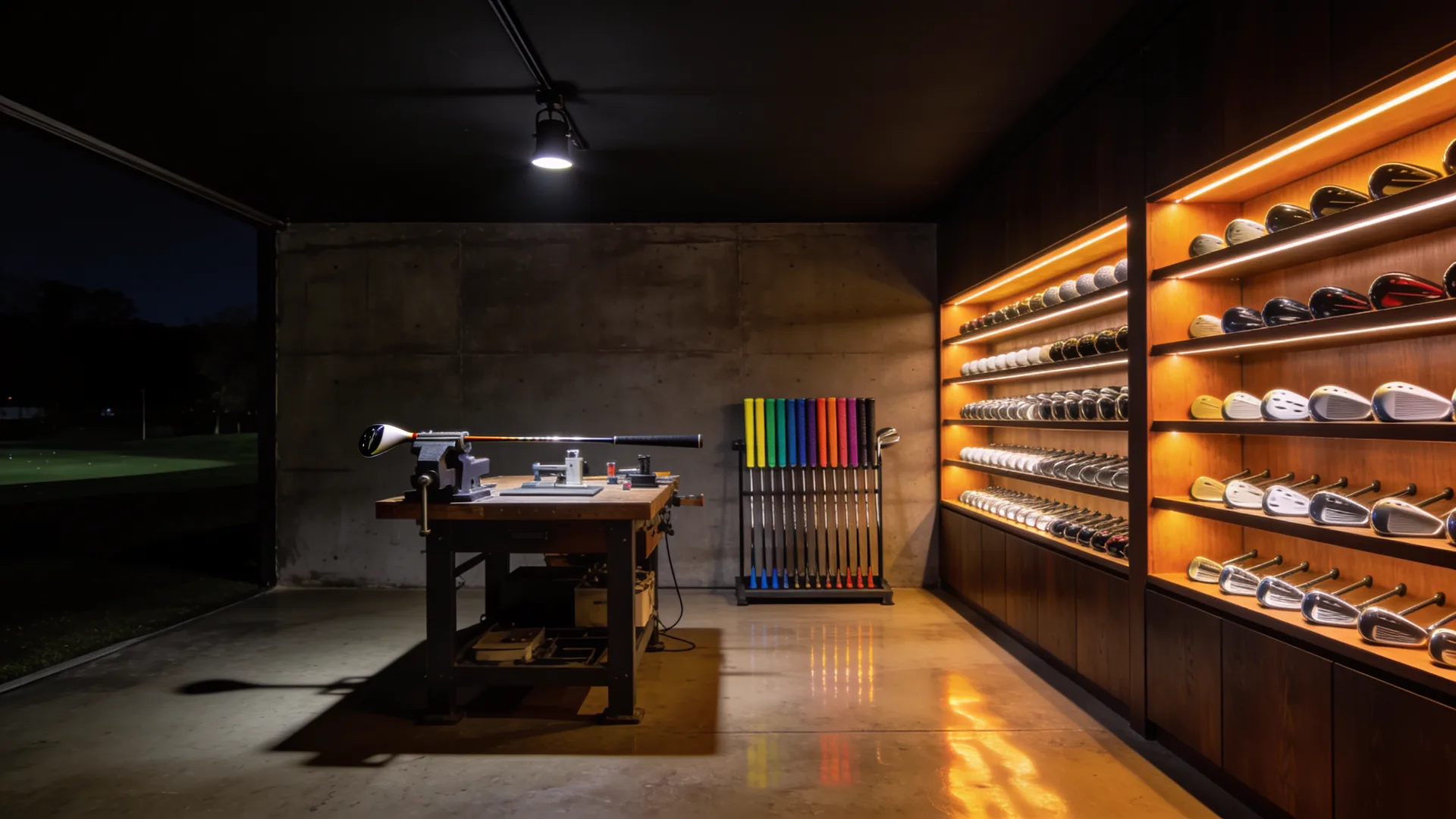 A club-fitting workshop at night: a driver clamped in a vice on the bench, a rack of grips, and a wall of club heads under warm light